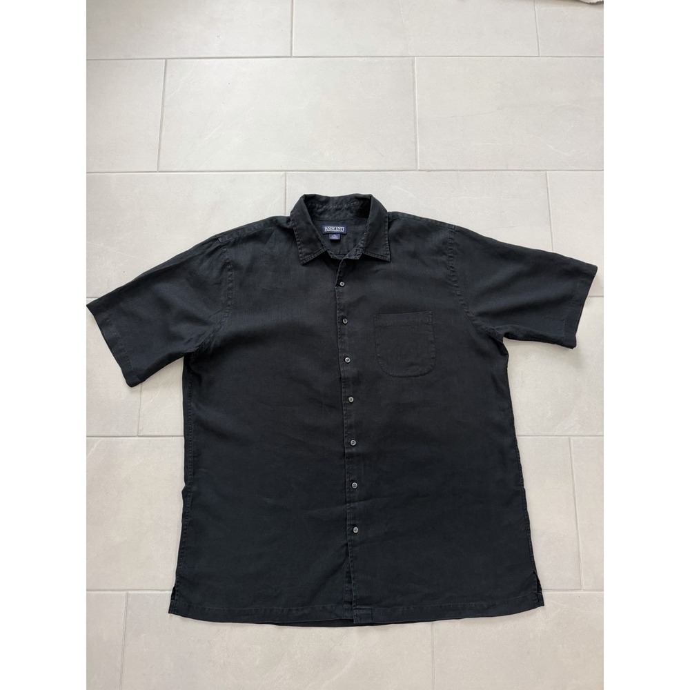 Lands End Men's Shirt 100% Linen XL Tall Black Short Sleeve Button Beach Casual